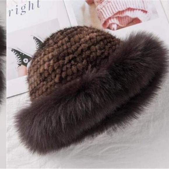 Mink Hat Real Fur Hat Knit Furry Womens Brown main image 7